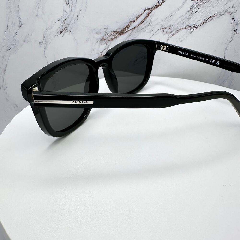 New PRADA Sunglasses Black Acetate Square Silver Metal Logo 53mm Gray Lens - Picture 14 of 16